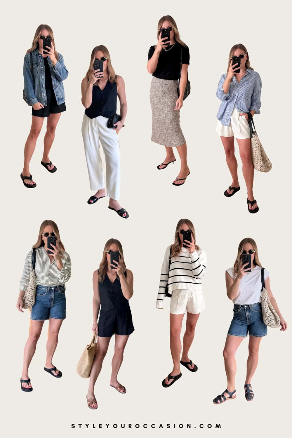 collage of a woman wearing eight different stylish summer outfits