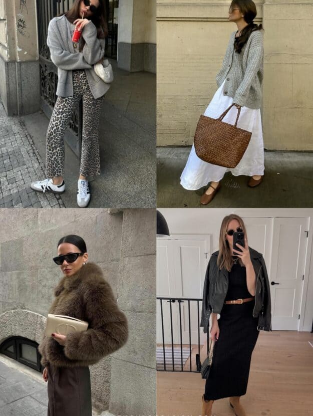 collage of four women wearing stylish outfits with fall fashion trends