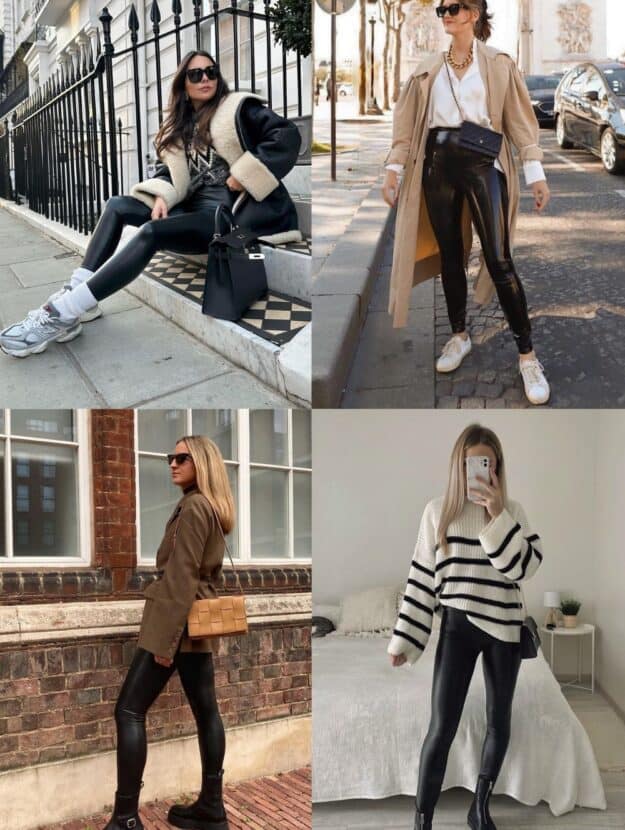 Collage of four women wearing stylish tops with black leather leggings