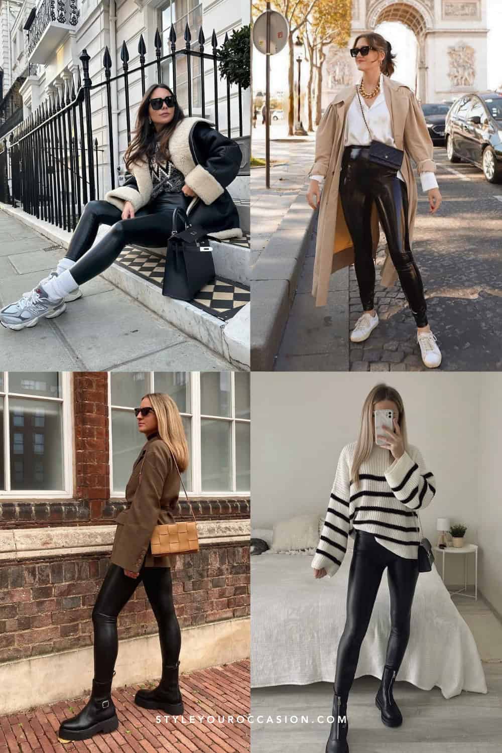Collage of four women wearing stylish tops with black leather leggings