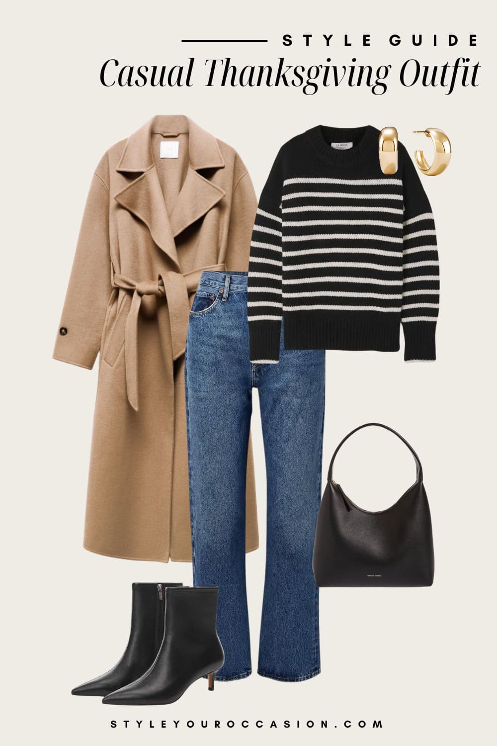 Flat lay outfit graphic of jeans, booties, a striped sweater and a trench coat.