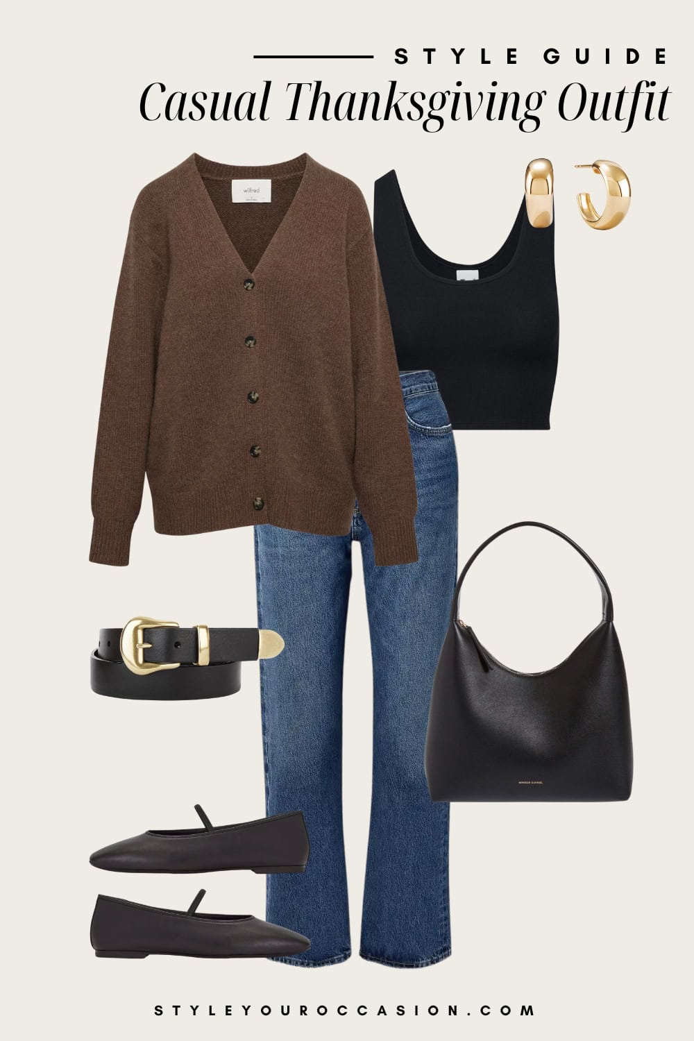 Flat lay outfit graphic of jeans, a knit cropped tank, a cardigan sweater and mary jane flats.