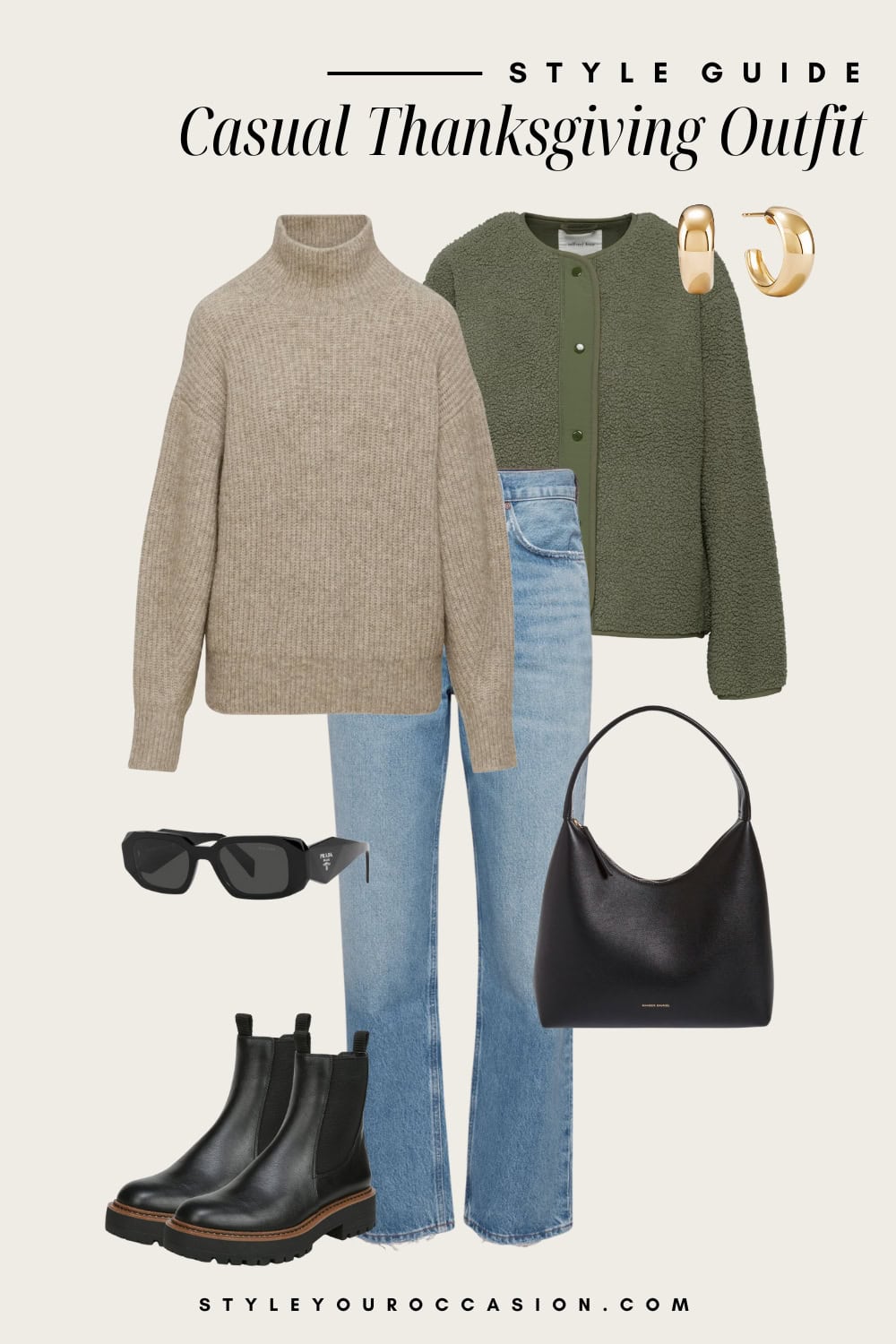Flat lay outfit graphic of jeans, a turtleneck sweater, a sherpa jacket and chelsea boots.