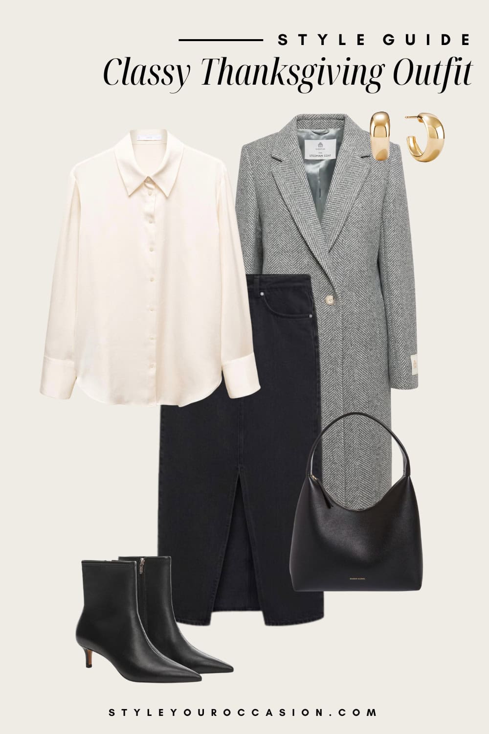 Flat lay outfit graphic of a black denim maxi skirt with a silk button down and a long grey coat with black booties.