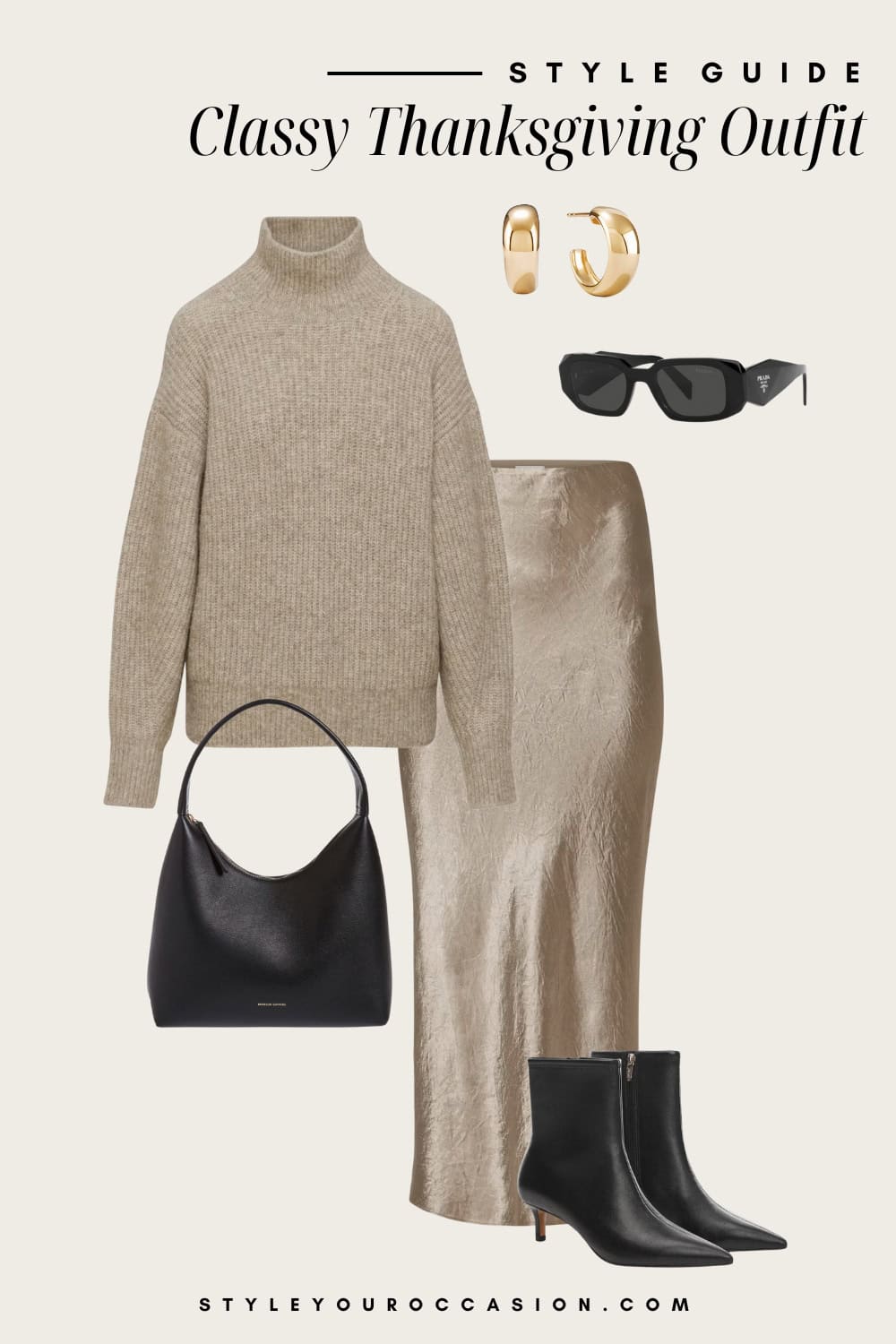 Flat lay outfit graphic of a silk skirt, a cream sweater and black accessories.
