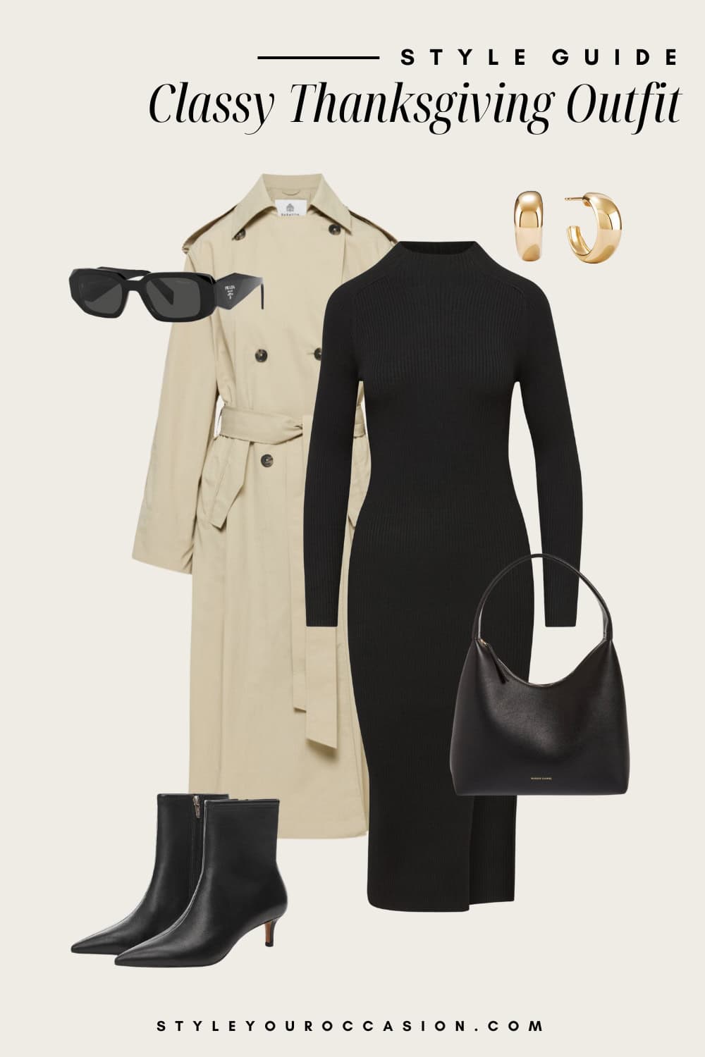 Flat lay outfit graphic of a black sweater dress with black booties and a tan trench coat.