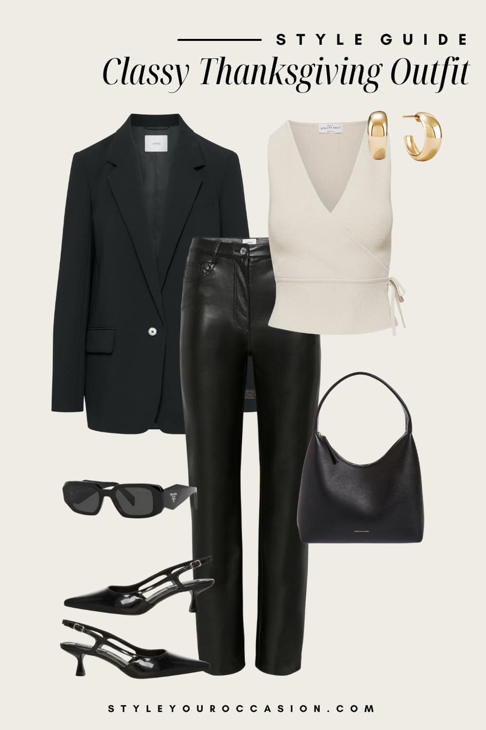 Flat lay outfit graphic of black leather pants, a wrap top and a black blazer with kitten heels.