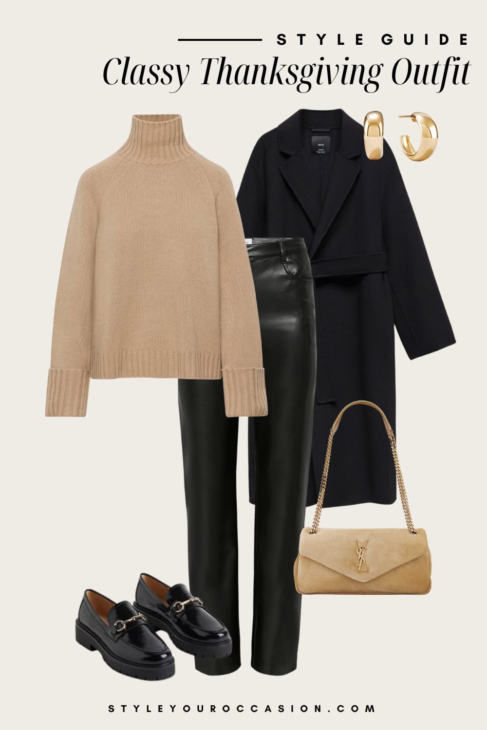 Flat lay outfit graphic of black leather pants, a brown turtle neck sweater and a black trench coat with chunky loafers.