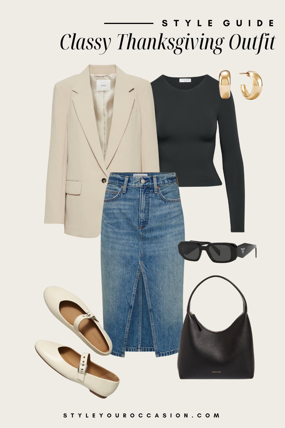 Flat lay outfit graphic of a denim midi skirt with a black long sleeve top and a cream blazer with cream mary jane flats.