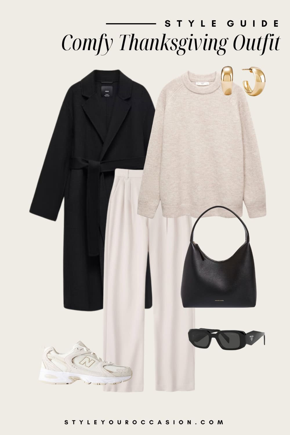 Flat lay outfit graphic of cream trousers, a cream sweater, a black trench coat and sneakers.