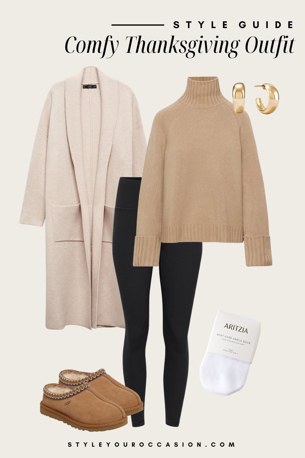 Flat lay outfit graphic of leggings, a turtleneck sweater, a long comfy cardigan and Uggs.