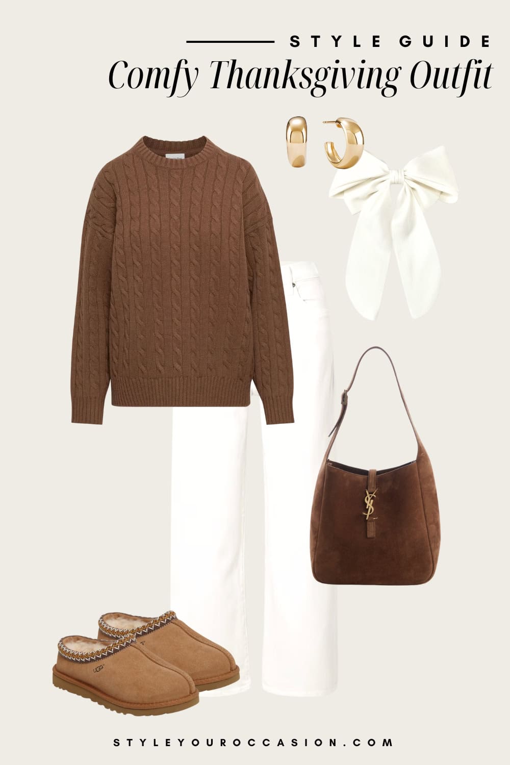 Flat lay outfit graphic of white jeans, a chunky sweater, Uggs and feminine accessories.