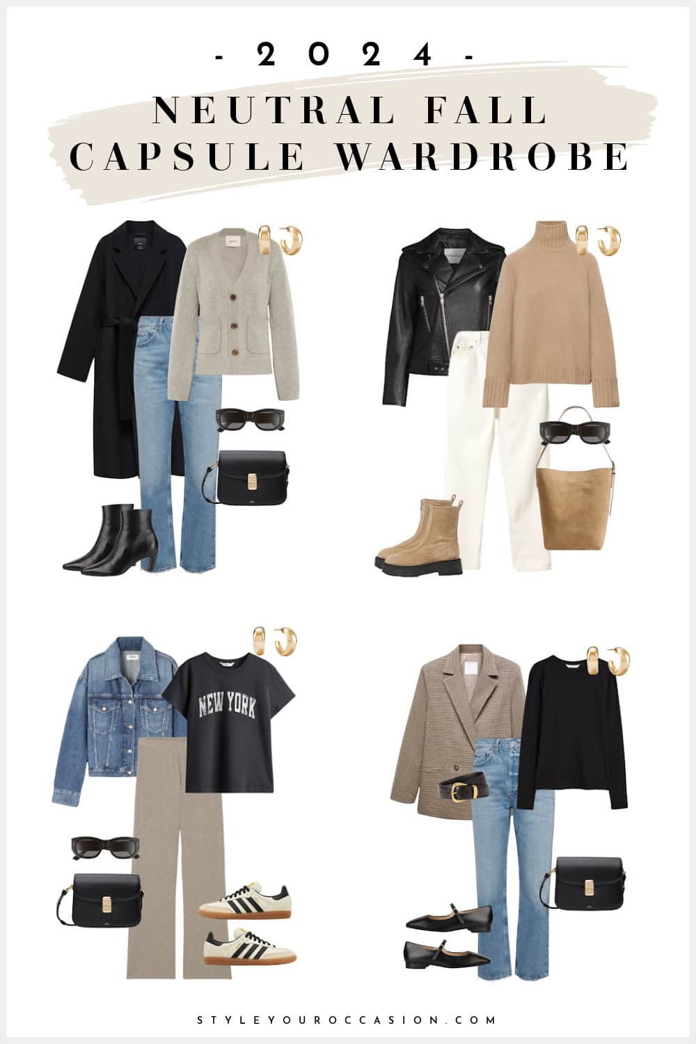 collage of four minimal and neutral outfits from a fall capsule wardrobe