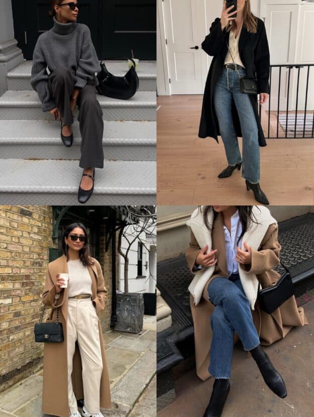 collage of four women wearing expensive-looking fall outfits