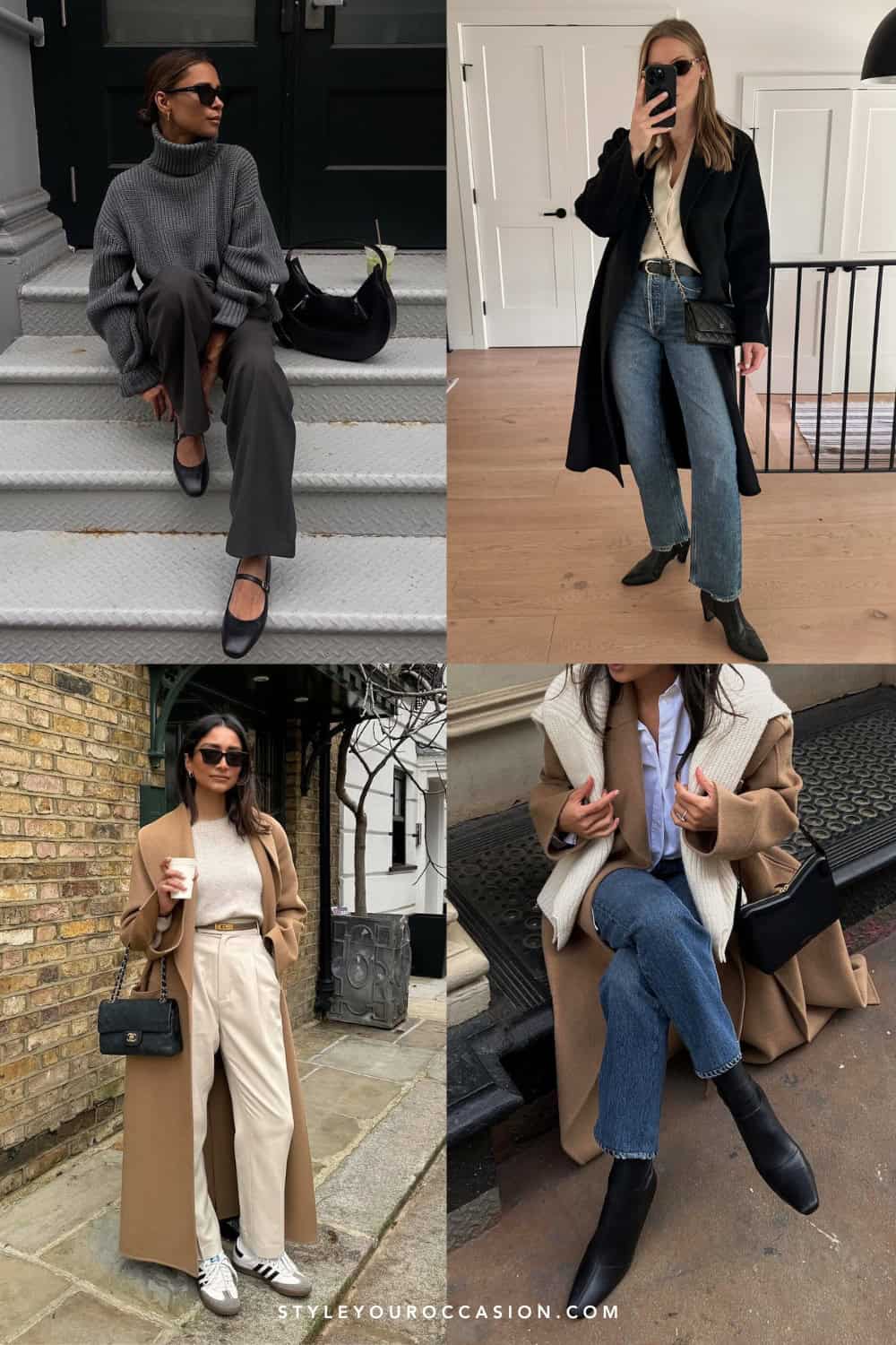 collage of four women wearing expensive-looking fall outfits 