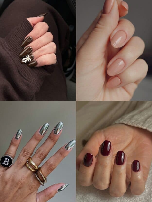 collage of four hands with fall nail designs that are trending for 2024 including silver metallic, cherry red, nude nails, and bow details