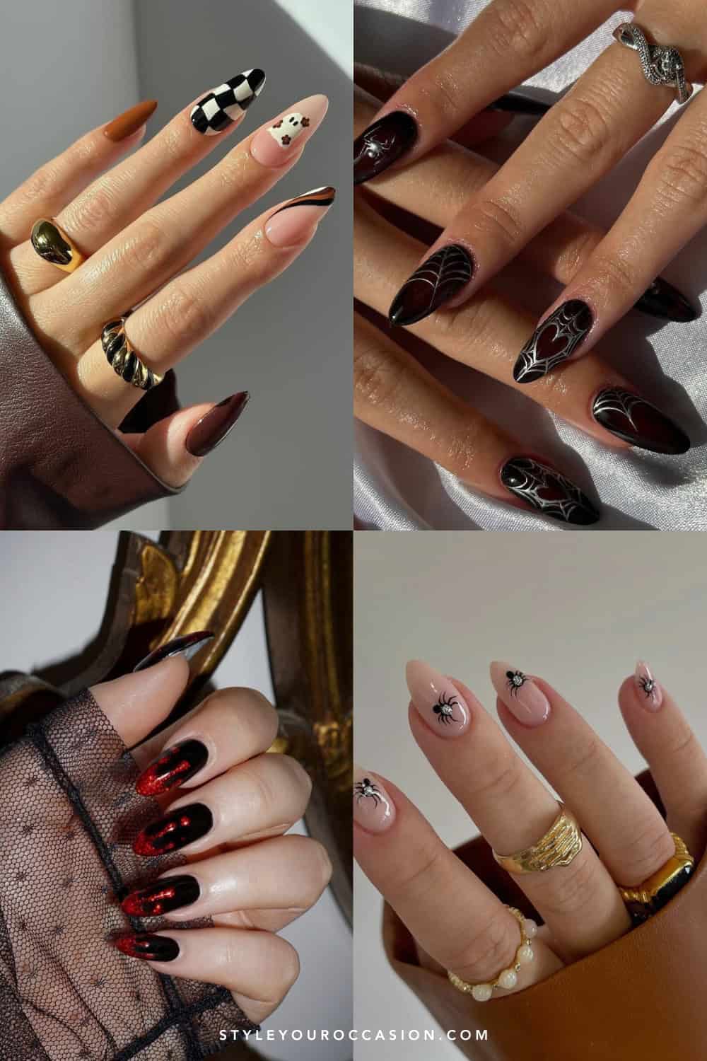 collage of four images of hands with simple Halloween nail designs