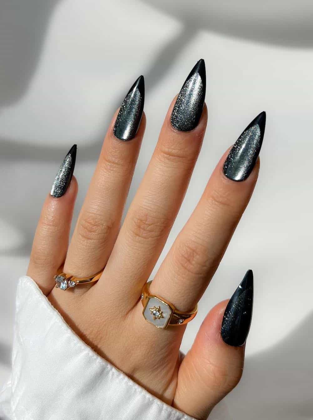 long silver velvet stiletto nails with black tips