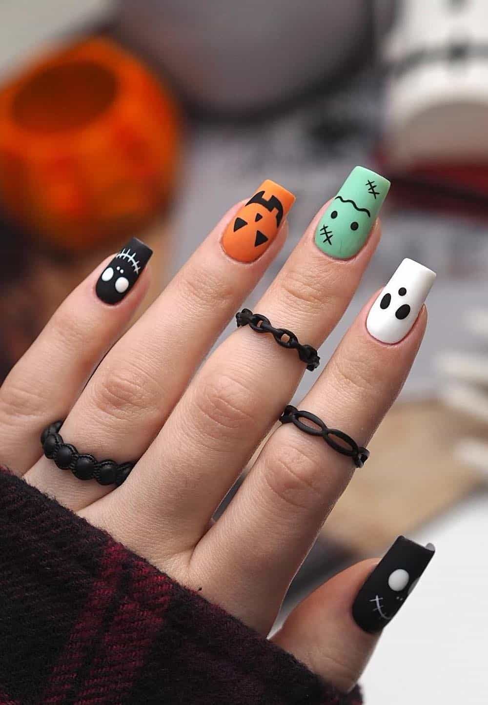 long square nails with collage Halloween nail art