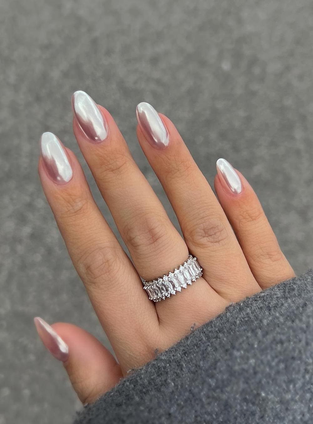 long almond nails with chrome polish