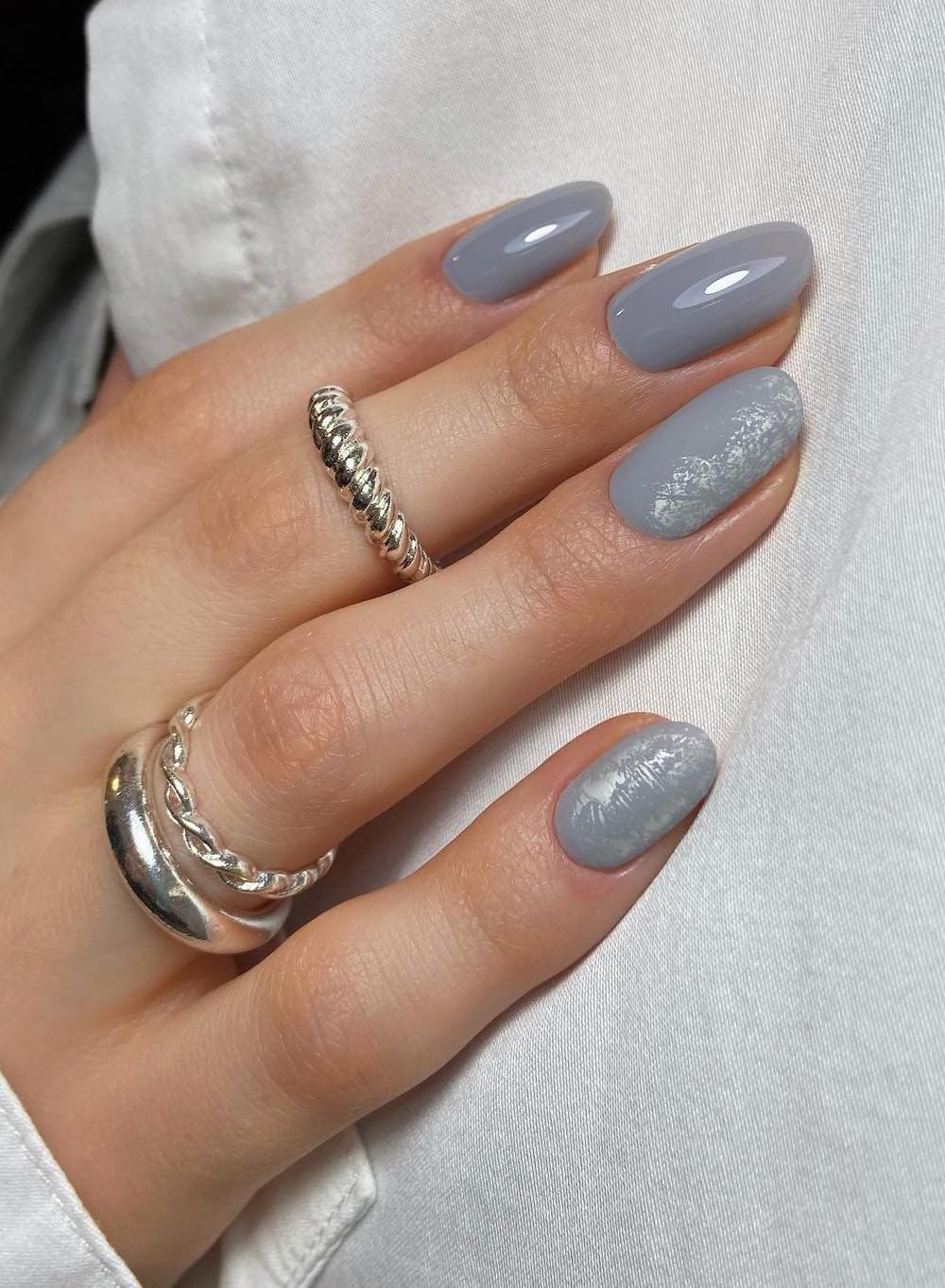 round grey nails with matte distressed details