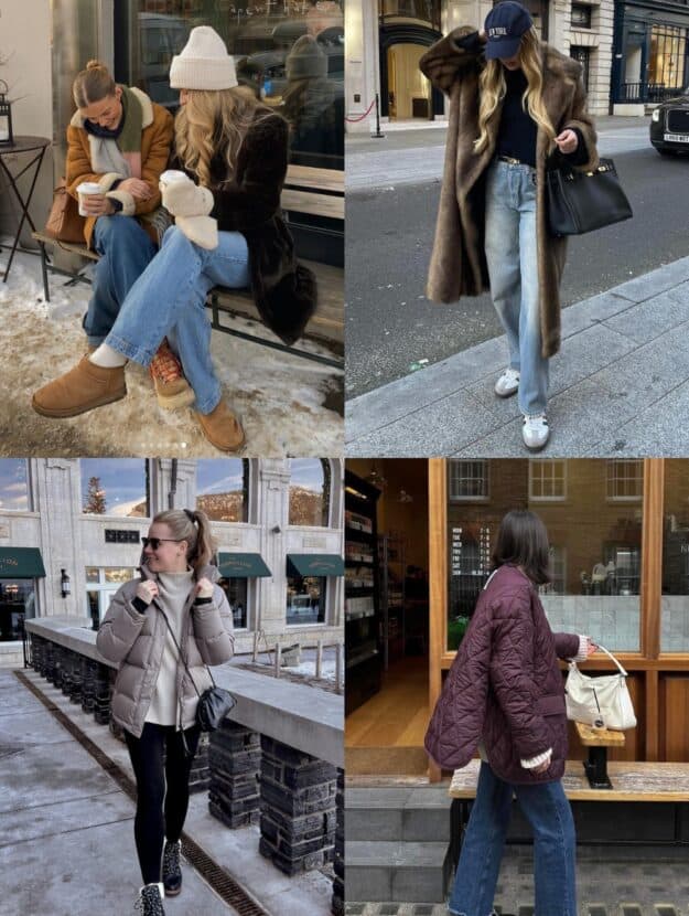 collage of four women wearing stylish cold weather outfits