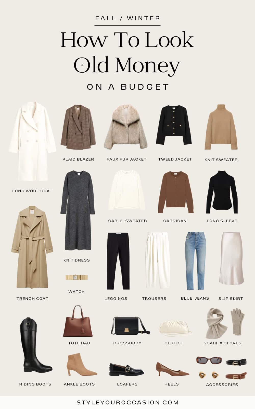 capsule collage of an old money wardrobe on a budget for fall and winter