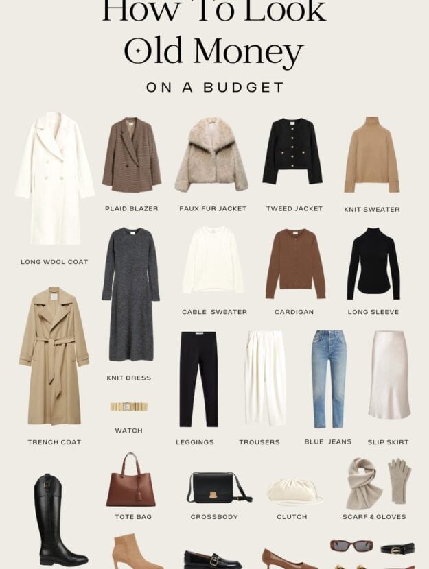 capsule collage of an old money wardrobe on a budget for fall and winter