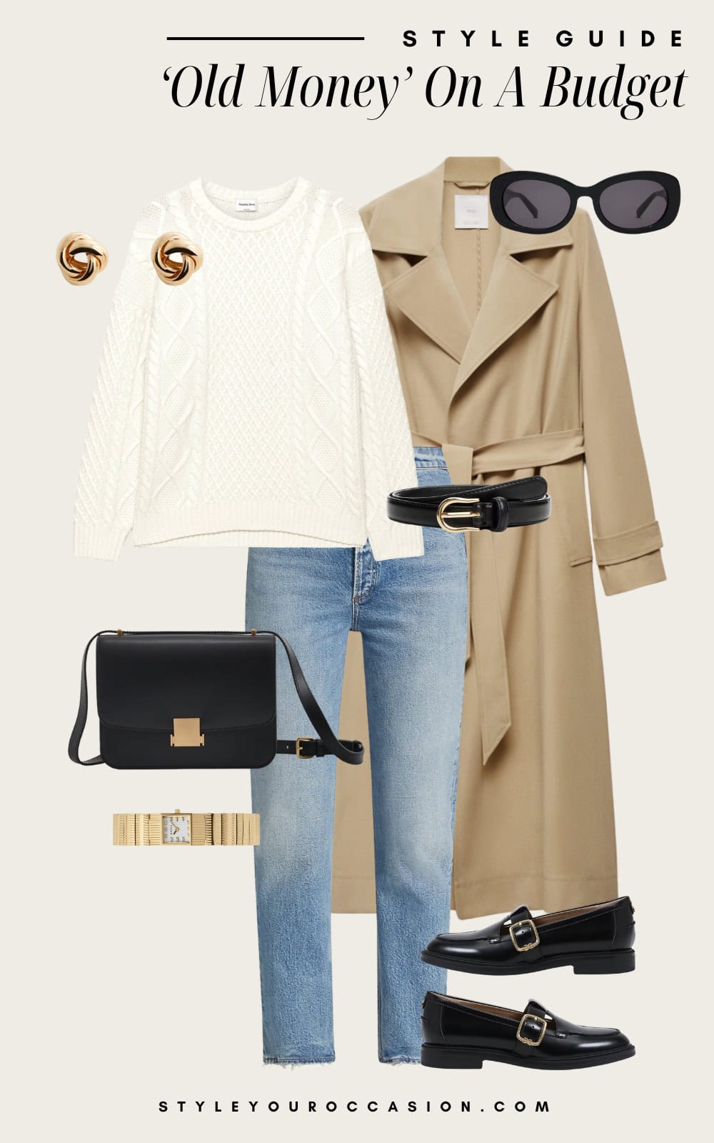 old money capsule wardrobe graphic with a trench coat, cream sweater, jeans, and black loafers