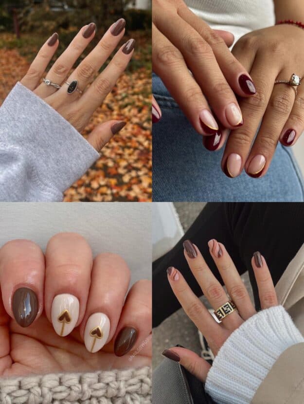 collage of four hands with Thanksgiving nail designs