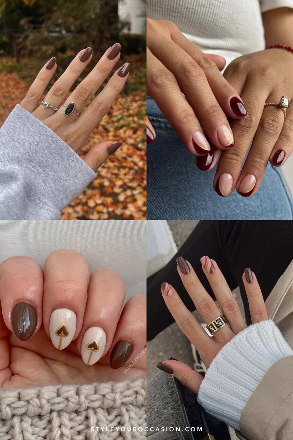 collage of four hands with Thanksgiving nail designs