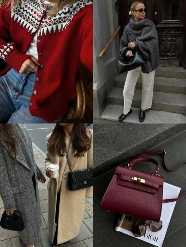collage of women wearing stylish winter outfits that include trending pieces like long coats, shawls, and burgundy accessories