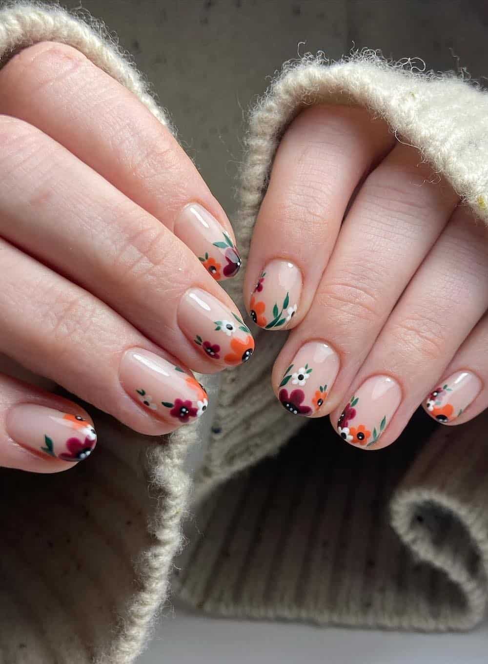 short nude nails with autumn floral nail art