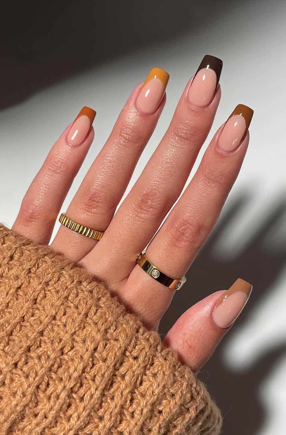 long square nude nails with autumn ombre tips