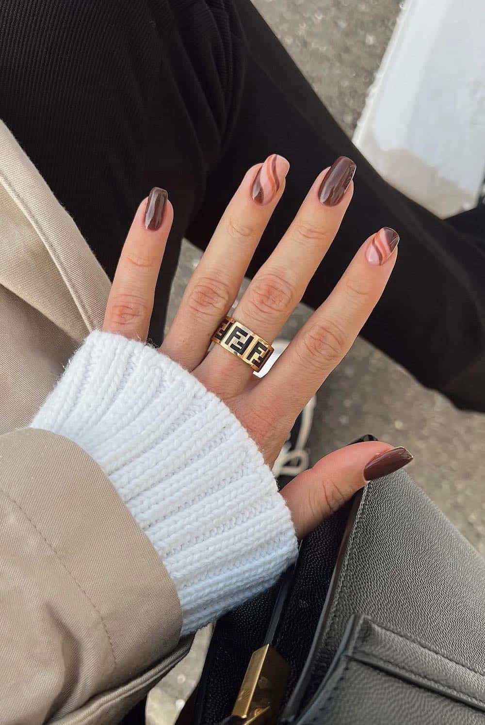 brown squoval nails with wave accent nails