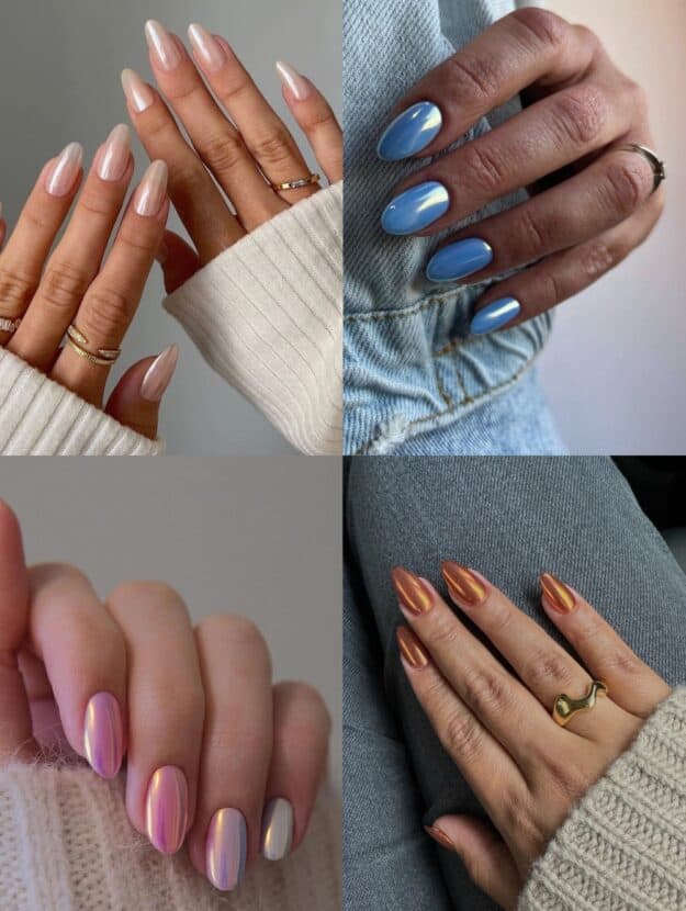 collage of four hands with pretty chrome nails designs