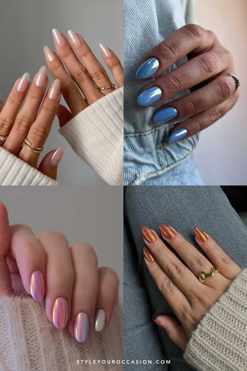 collage of four hands with pretty chrome nails designs