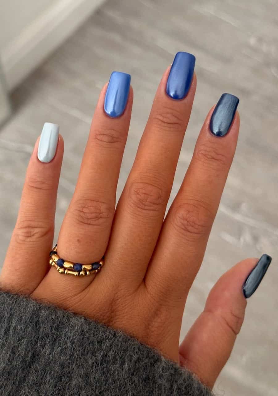 blue ombre nails with chrome finish