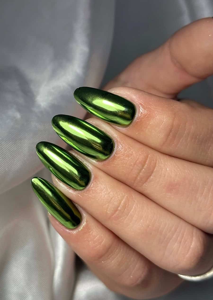 bright green chrome almond nails