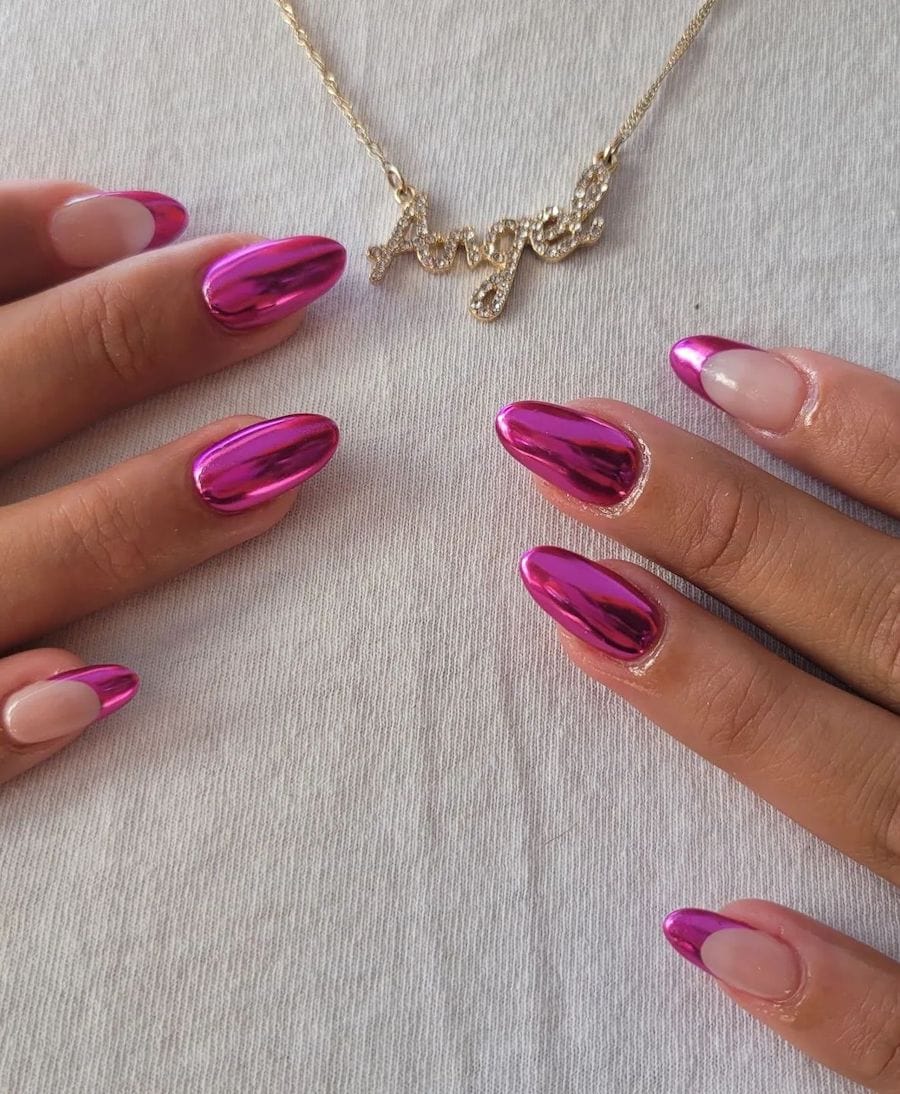 bright pink chrome nails with french tip accent nails