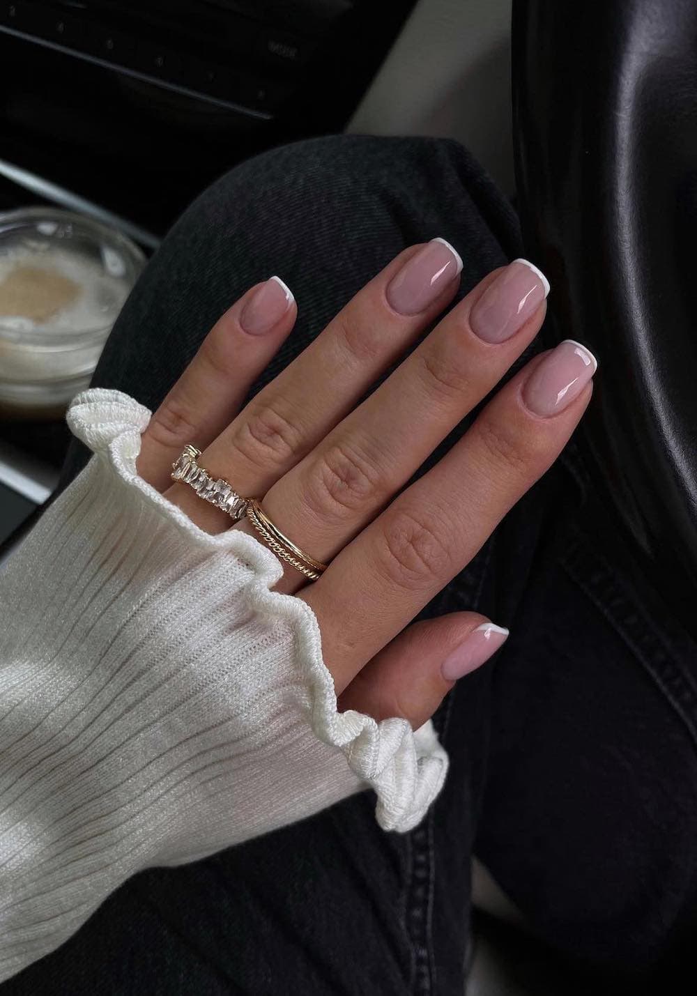 short nude square nails with white tips