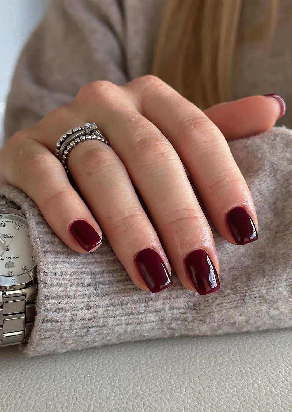 short square nails with wine red polish