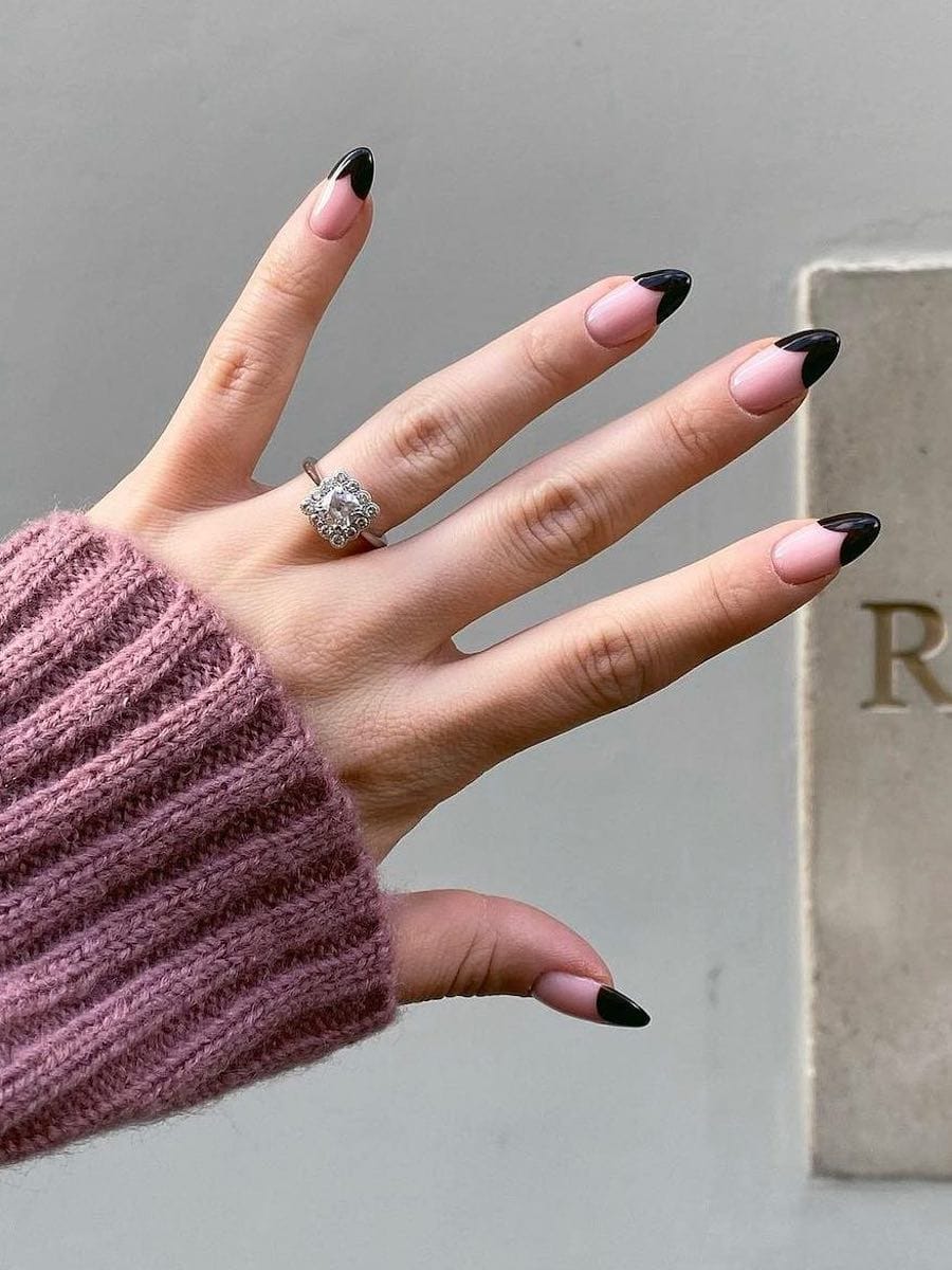 nude almond nails with scalloped blackberry french tips