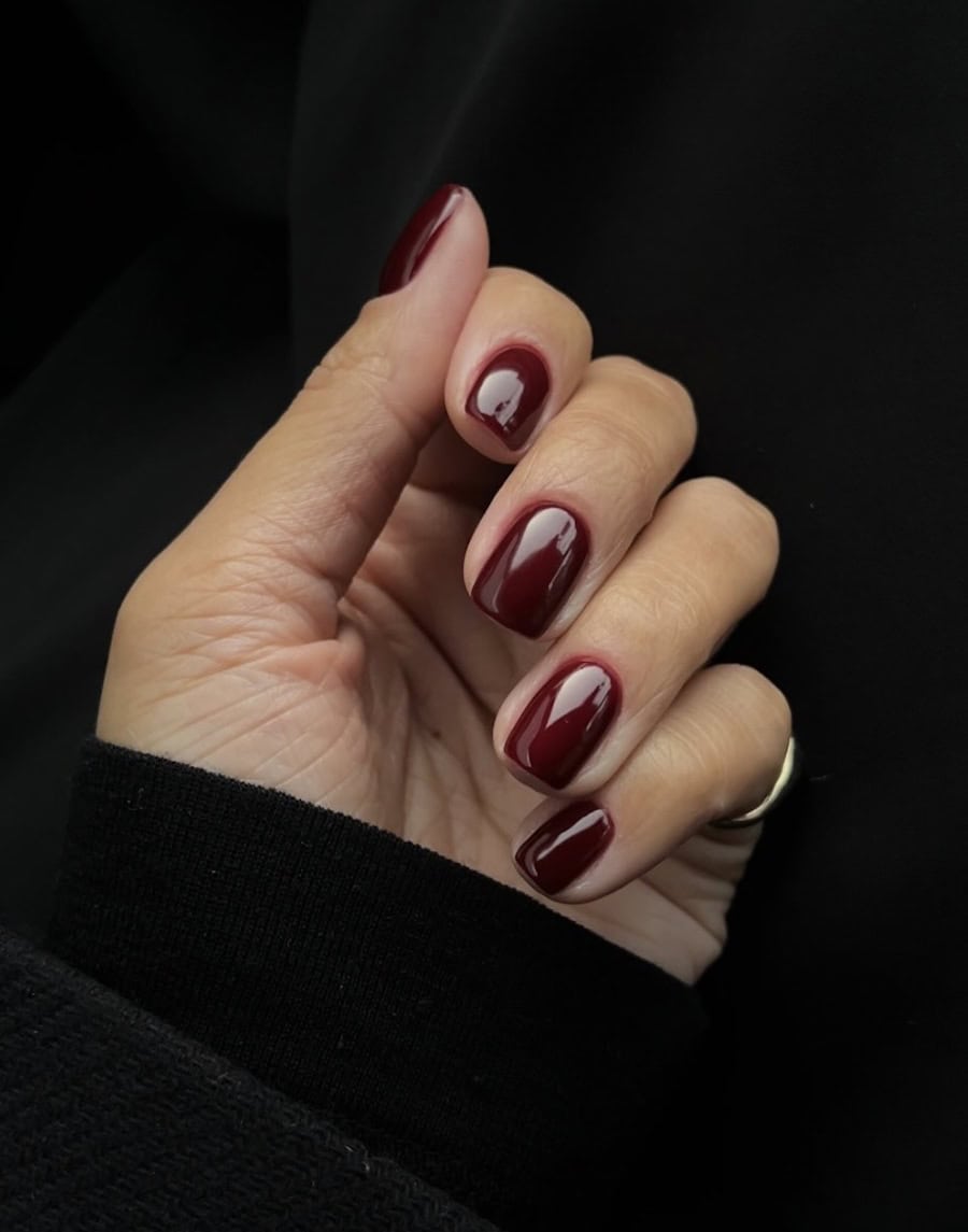 short square nails with black cherry nail polish