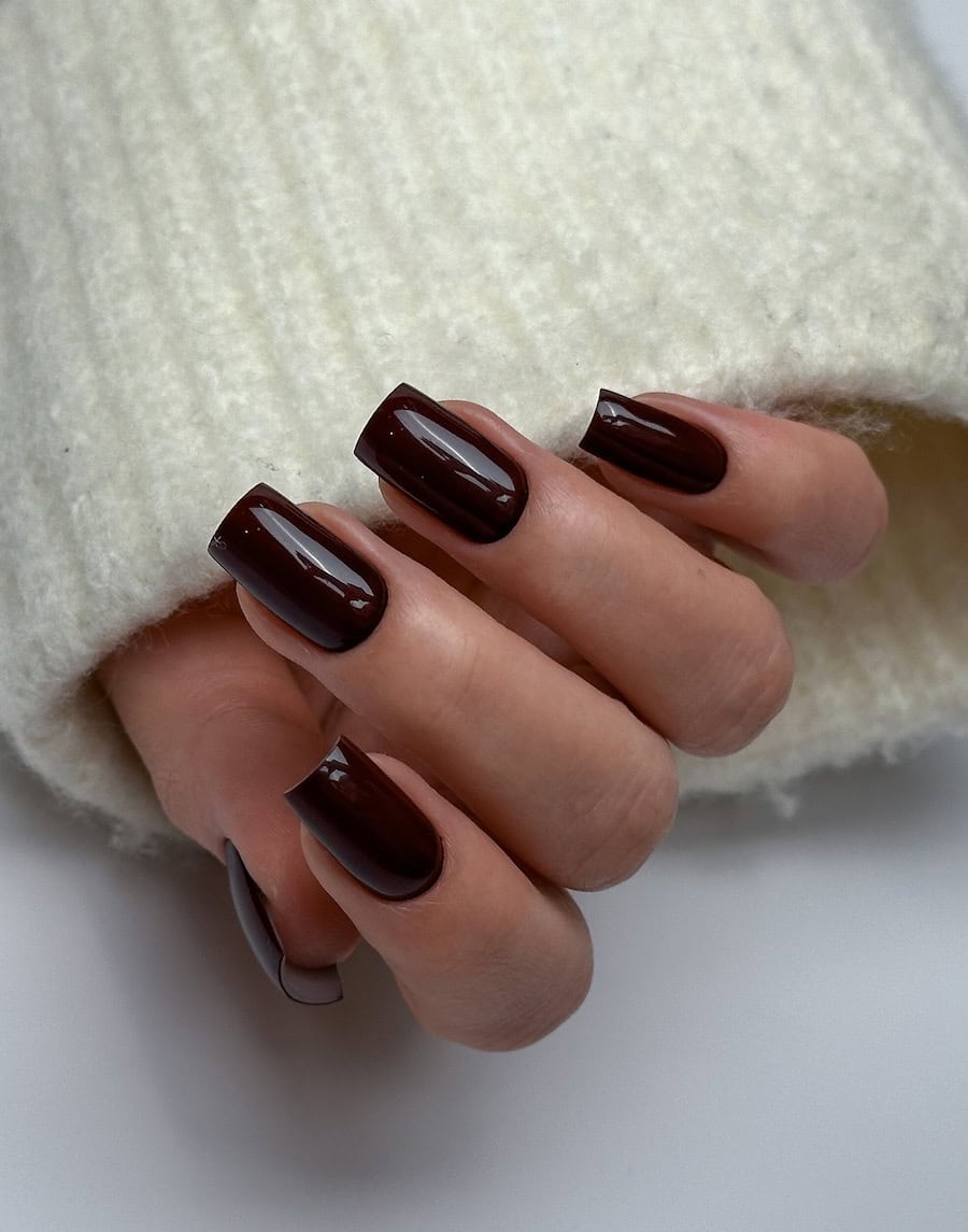 short square nails with black cherry nail polish