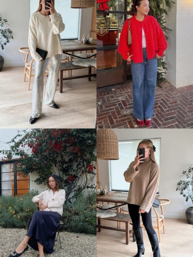 collage of four women wearing stylish Christmas outfits