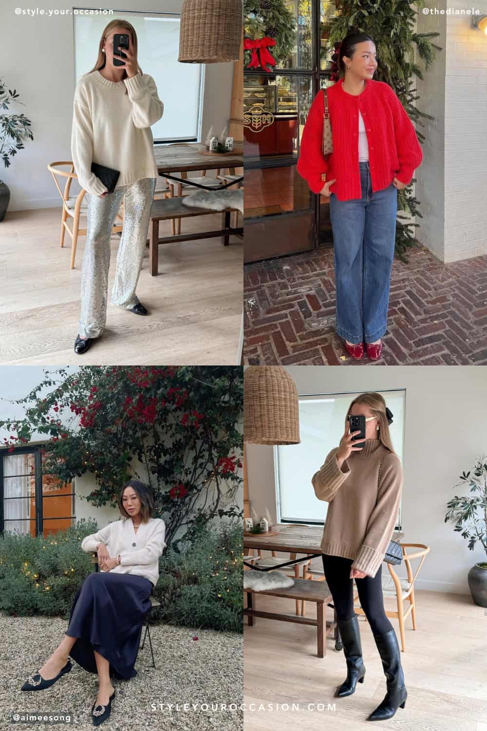 collage of four women wearing stylish Christmas outfits