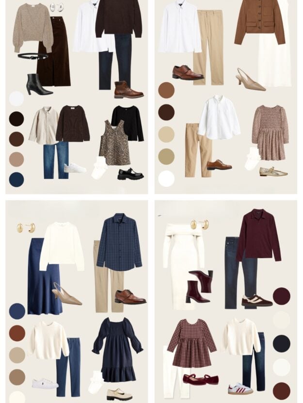 collage of four images of graphics with fall family photo outfits