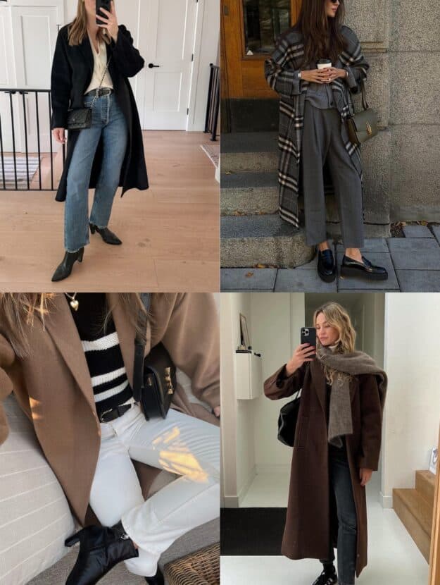 collage of women wearing stylish outfits with long coats