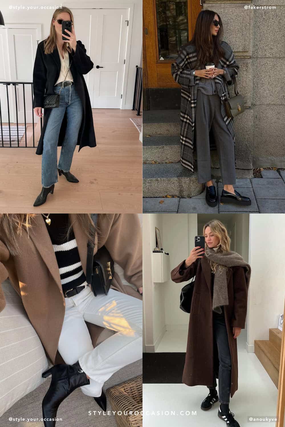 collage of women wearing stylish outfits with long coats